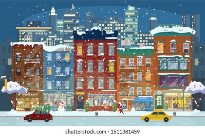 Winter cityscape with snowy houses, shops, decoration elements and Santa with gifts. City street with gift shop, cafe, laundry, pharmacy, book shops. Christmas Night. Winter fairytale. Flat vector.