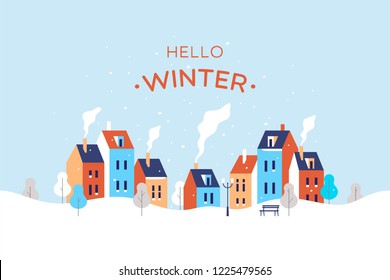 Winter cityscape. Snowy street in small town. Vector illustration.