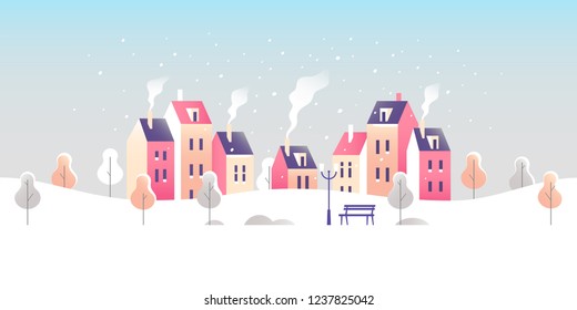 Winter Cityscape. Snowy Street In Small Town. Vector Illustration.