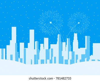 Winter cityscape, urban city with skyscrapers. Falling snow. Festive fireworks for the new year. Vector illustration