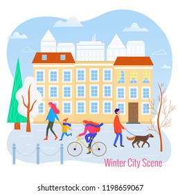 Winter cityscape vector flat illustration. City scene.