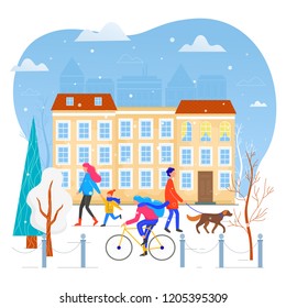 Winter cityscape vector flat illustration. City scene.