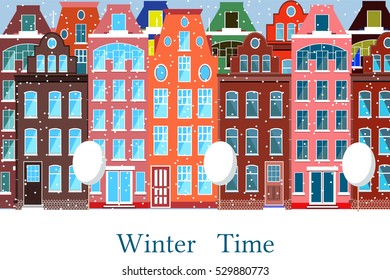 Winter cityscape vector illustration. City in the winter. Flat design. Cartoon