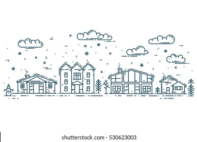 Winter Cityscape. Vector illustration with houses, clouds and snow in modern flat linear style.