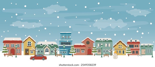 Winter cityscape. vector illustration. 
Snow is piled up on the buildings.