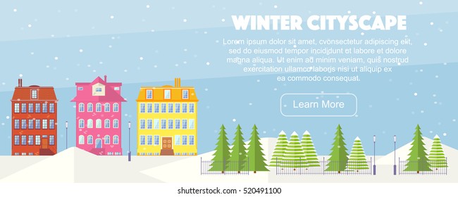 Winter cityscape, vector illustration. Snow falling over cute flat houses, fir trees, lanterns. Small town, winter holidays. Small colorful houses, park, winter holidays.