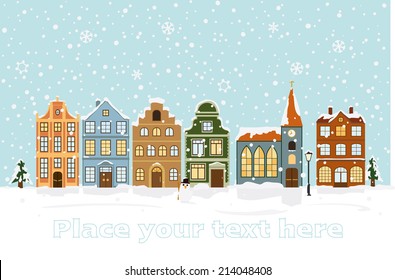 Winter Cityscape Vector Illustration with space for text. Snow-covered townhouses and church on main street.