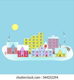 Winter Cityscape Vector Illustration with space for text. Snow-covered townhouses on main street.