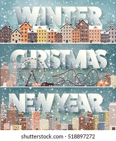 Winter cityscape.City silhouettes.Town skyline. Panorama. Midtown houses.New year,christmas.Holidays in December,January,February.