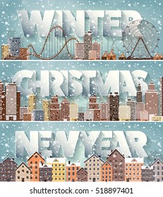 Winter cityscape.City silhouettes.Town skyline. Panorama. Midtown houses.New year,christmas.Holidays in December,January,February.
