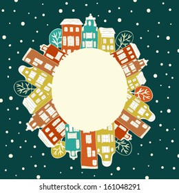 Winter in city/winter holiday postcard design