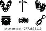 Winter climbing gear silhouette vector set featuring snowshoes ice axe gloves goggles and crampon equipment arranged in grid layout isolated on white background