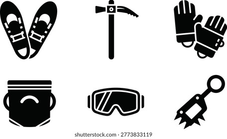 Winter climbing gear silhouette vector set featuring snowshoes ice axe gloves goggles and crampon equipment arranged in grid layout isolated on white background