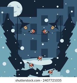 Winter clip art with Bullfinches on wire. Design Christmas card cover in trendy retro style. Winter landscape with birds. Vector illustration can used children books paint and t-shirt print.