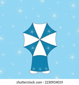 Winter clip art with kid under umbrella, falling snowflakes on blue background. Winter concept. Hello happy winter picture.