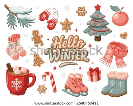Winter clip art set with Christmas elements and Hello Winter lettering. Cartoon hand drawn vector isolated illustration