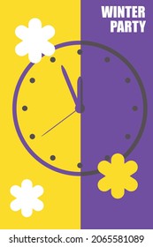 winter clock, background for posters covers flyers, banners. Winter time, background pattern on the theme of winter.
Flat vector illustration.