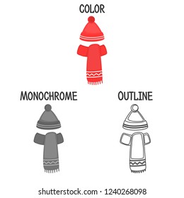 Winter close hat and scarf in color flat, outline and monochrome design icons set
