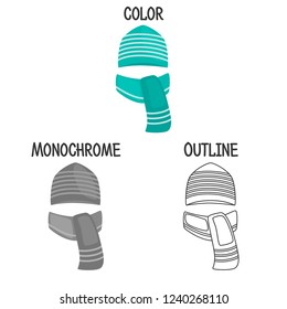 Winter close hat and scarf in color flat, outline and monochrome design icons set