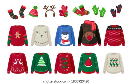 Winter cloth. Ugly sweaters hat mittens and socks. Cute Christmas time warm apparel and accessories vector illustration