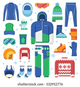 Winter clothes and accessories for active lifestyle. Snowboard jacket, helmet, ski goggles. Skiing and snowboarding winter sportswear and warm dress. Snow activities and sports clothing set in flat.