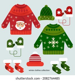 Winter Clothes and Accessories Collection. knitted hat, socks, knit gloves, sweater in Christmas style Red and Green color isolated on light blue background. cartoon flat style. Vector illustration 