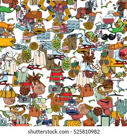 Winter Clothes and Accessories Doodle Collage. Warm Winter Holiday Theme.