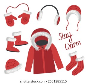 Winter clothes and accessories in red with fur. Vector illustration of outerwear elements and hand-drawn Stay warm inscription.