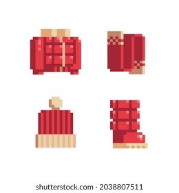 Winter clothes and accessories, red hat and boot, scarf, down jacket pixel art icon set, isolated vector illustration. Game assets 8-bit sprite. Design for sticker, logo, mobile app.
