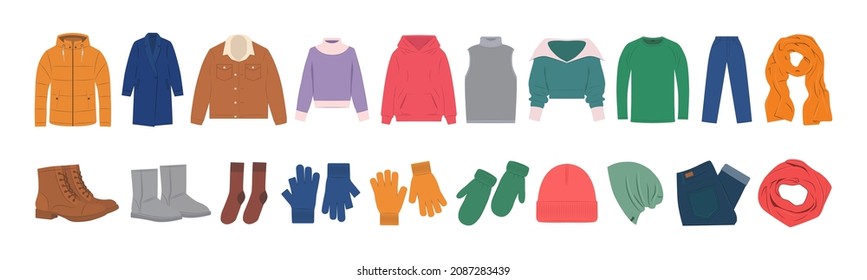 Winter clothes, accessories set. Warm clothes collection. Jackets, hats and scarves, etc. Colorful illustration.