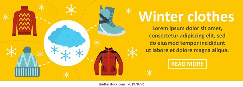 Winter clothes banner horizontal concept. Flat illustration of winter clothes banner horizontal vector concept for web