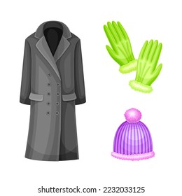 Winter Clothes with Black Coat, Hat and Gloves as Warm Outerwear and Protection Against Cold Weather Vector Set