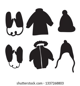 Winter clothes, black icons set. Vector mittens on a rope, hat, jacket.
