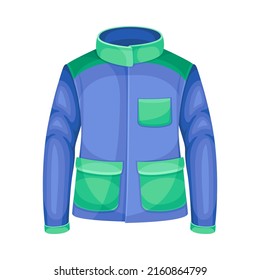 Winter Clothes with Blue Down Jacket with Long Sleeve as Warm Outerwear and Protection Against Cold Weather Vector Illustration