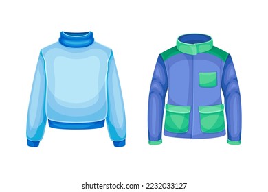 Winter Clothes with Blue Down Jacket and Sweater as Warm Outerwear and Protection Against Cold Weather Vector Set