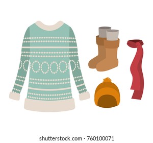 winter clothes with blue wool sweater and scarf and yellow wool cap and boots over white background