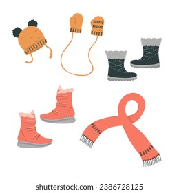 Winter clothes cartoon illustration set. Scarf, hat, shoes, boots, snow boots, mittens  on white background. 
