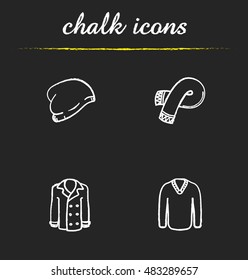 Winter clothes chalk icons set. Hat, scarf, pullover, coat. Sweater and jacket. Isolated vector chalkboard illustrations