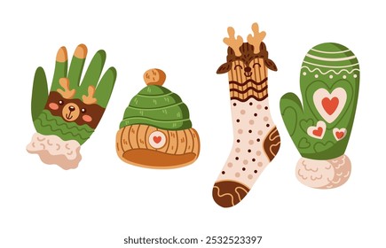 Winter clothes with Christmas ornaments flat color vector objects set. Knitted hat gloves and stocking illustrations pack on white background