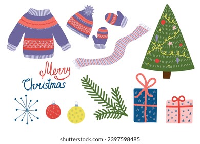 Winter clothes, Christmas tree, balls, snowflakes and gifts. Christmas accessories. Vector.