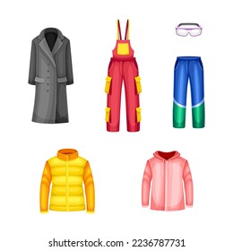 Winter Clothes with Coat, Jumpsuit, Pants and Puffer Jacket as Warm Outerwear and Protection Against Cold Weather Vector Set