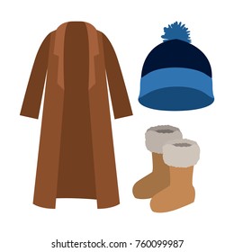 winter clothes coat and wool cap and boots in colorful silhouette over white background