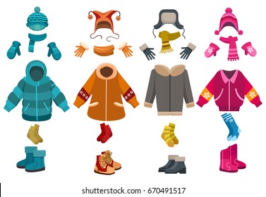 Winter clothes and cold weather accessories isolated on white background. Vector knitted hats and scarves, mittens and woolen socks