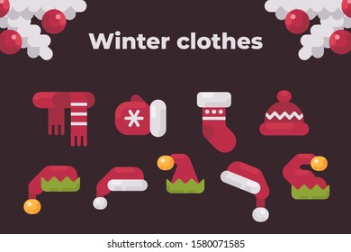Winter clothes collection. Christmas party items flat illustration