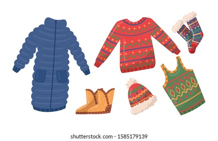Winter Clothes Collection, Cold Weather Accessories, Down Jacket, Sweater, Boots, Knitted Hat, Woolen Socks Vector Illustration