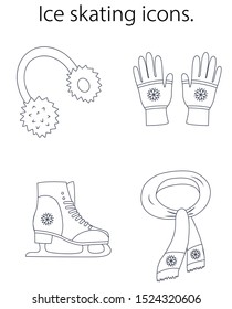 Winter clothes collection for ice skating with a snowflake pattern: skates, headphones, gloves, a scarf. Winter fun. Leisure. Outline icons set. Vector illustration. 