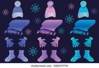 
Winter clothes. Colored bright hats, scarves, mittens and socks on a dark blue background.