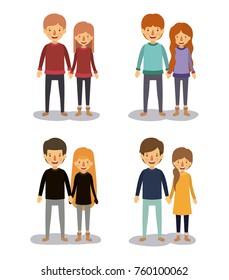 winter clothes with couples with sweaters colorful silhouette in white background