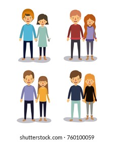 winter clothes with couples with sweaters one with wool cap and some women with gloves colorful silhouette in white background