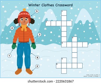 Winter clothes crossword puzzle for kids. Educational game with cute girl wearing winter clothes. Learning english vocabulary activity page in US Letter format. Vector illustration